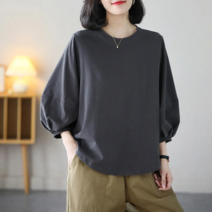 Spring Summer New Arrival Women's Loose Lantern Sleeve T-Shirt Crew Neck Solid Color Casual Three-Quarter Sleeve Top Black - Product Image 1
