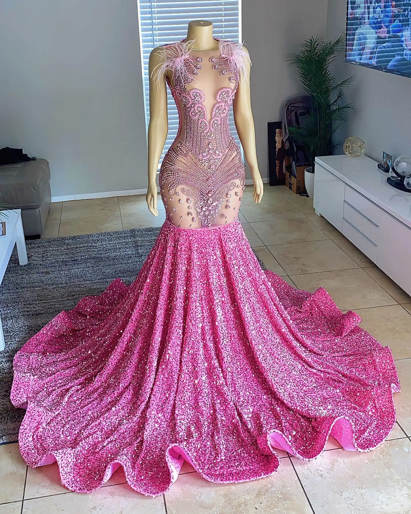 Ocstrade Sequin Hem Prom Dresses Party Maxi Sequin Evening Dress Sleeveless Mesh Pink Rhinestone Gowns For Women Evening Dresses