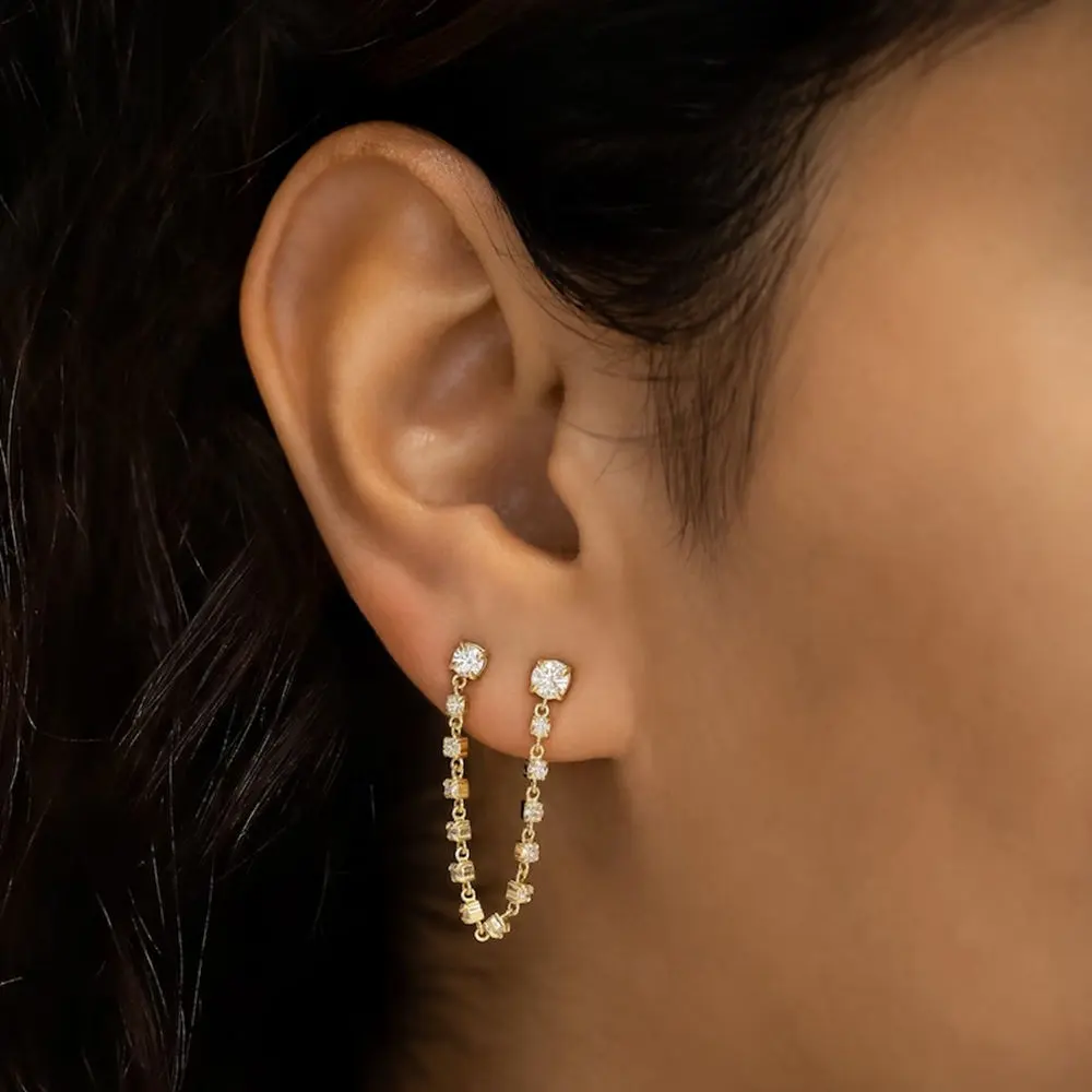 Đồ trang sức mỹ 18K mạ vàng đôi piercing vòng lạ mắt bông tai kép piercing kim cương chuỗi bông tai CZ Bông Tai Chuỗi đối với phụ nữ
