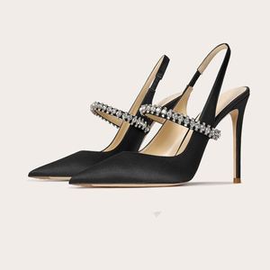Escarpins professionnels à talon aiguille 6-8 cm, bout pointu et ouvert, en satin de soie nude avec strass, bride cheville, pour femme, taille 32-45, nouveau modèle 2026 - Product Image 1
