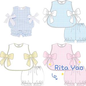 Ensemble de culotte à nœud latéral pour bébé fille, motif gingham <span class=keywords><strong>bleu</strong></span> tissé, tenue d'été sans manches pour petite fille, ensemble de couches brodé avec tablier - Product Image 4