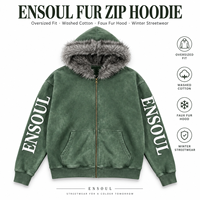 Hoodies d'hiver surdimensionnés zippés pour hommes, effet délavé, épaules tombantes, capuche en fausse fourrure, logo imprimé sur la manche, fabricants de hoodies personnalisés