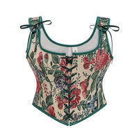Corset gothique médiéval à motif floral vert, à lacets, à armatures, sexy, haut de veste pour femmes, vêtements vintage steampunk