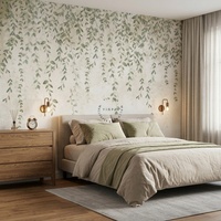 Wallpaper Dinding Motif Daun Hijau Tahan Air, Tempel dan Pasang, Warna Beige, untuk Dekorasi Ruang Tamu, Kamar Tidur, dan Kantor Rumah