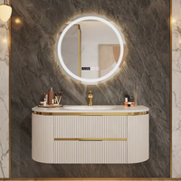 Meuble-lavabo flottant cannelé pour salle de bain d'hôtel avec miroir LED intelligent, double vasque, étanche, option PVC, mobilier moderne
