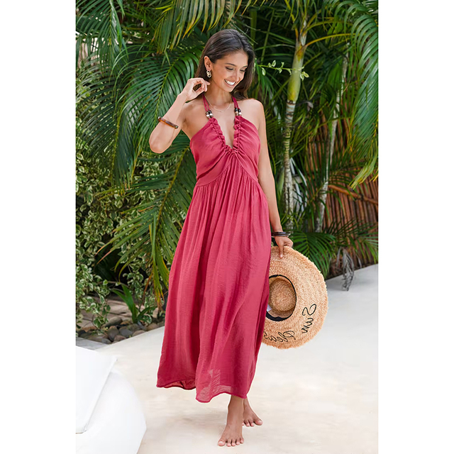 Red Beaded Halterneck Backless Long Cover-up Dress With a Banquet Temperament