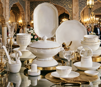 Service de Table Bohème Élégant en Porcelaine Fine avec Bordure Dorée – Kit de Vaisselle de Luxe Durable pour 8 Personnes, Compatible Micro-ondes