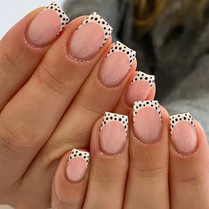 Vente en gros de 24 faux <span class=keywords><strong>ongles</strong></span> courts de style français, couvrant entièrement l'ongle, en ABS, réutilisables, en forme d'amande, style noir et blanc, avec colle pour les doigts - Product Image 3