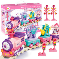 Set de Tren Eléctrico de Plástico con Locomotora de Vapor, Vagones Magnéticos, Noria y Carrusel, con Luces y Sonidos, Juguete de Encaje, Regalo para Parque de Atracciones