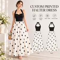 Robe longue personnalisée pour femme en satin imprimé, col halter, corsage structuré, jupe évasée froncée, robe de soirée formelle