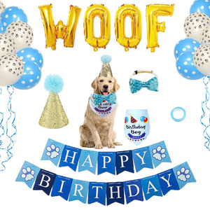 Paquet de ballons rose bleu chien joyeux anniversaire woof lettre chapeau de fête pour animaux de compagnie <span class=keywords><strong>serviette</strong></span> de salive - Product Image 2