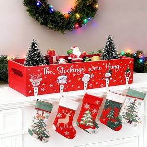 Wooden Box <b>Rack</b> With Stocking Hooks For Christmas Decorations Single Layer Classic Style Home Display Shelf - Product Image 1