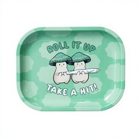 Plateau roulant en métal portable motif champignon de dessin animé, plateau de service vert imprimé en fer blanc pour bureau