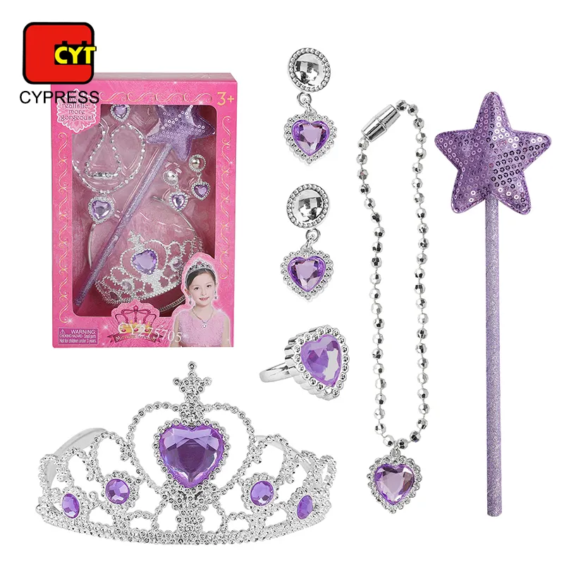 Pretend Jewelry Rings Ear Clips Dress Up Accessories Princess Necklace Crowns Wands Cosplay Toys Set