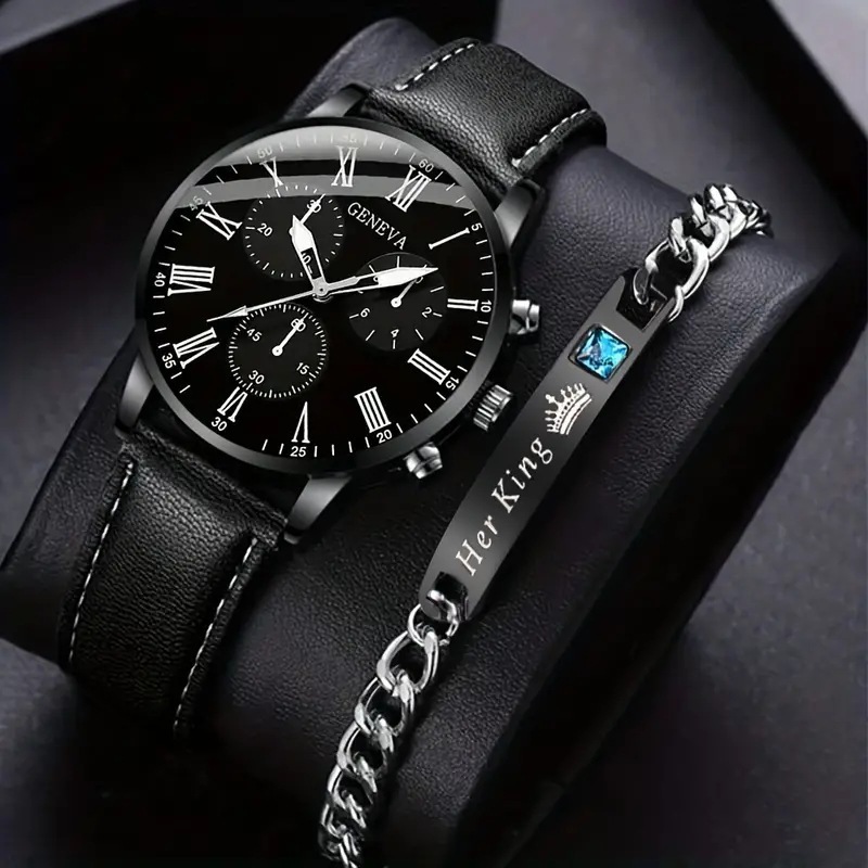 GENEVA Men's Black Slim Minimalist Watch & Bracelet Gift Set
