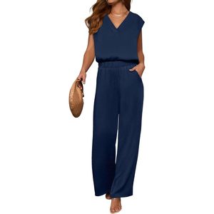 Mono sin mangas con cuello en V para mujer, de cintura alta, pierna ancha, informal, transpirable, de una pieza, para uso diario y viajes - Product Image 1