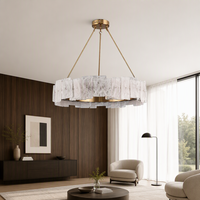 Suspension Jingshi en laiton avec panneaux en albâtre, éclairage doux pour salon ou chambre à coucher