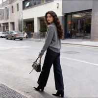 Ensemble 2 pièces gris bleu uni pour femme, pull en laine doux et extensible, jean à jambes larges, tenue décontractée vintage pour tous les jours