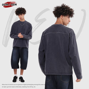 Camiseta de manga larga holgada de algodón puro de doble hilo de 325 g con empalmes de hilo colisionado estilo vintage para hombre, lavado en blanco, para otoño - Product Image 5