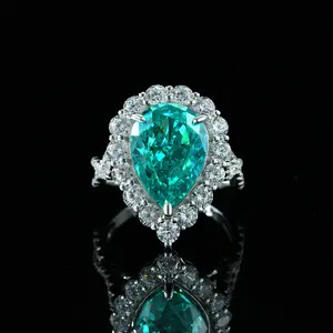 Noble New Designs Pear Shape Silver Ring Synthetic Paraiba Tourmaline 925 Silver Women Ring 10*14mm Silver Diamond Ring Jewelry