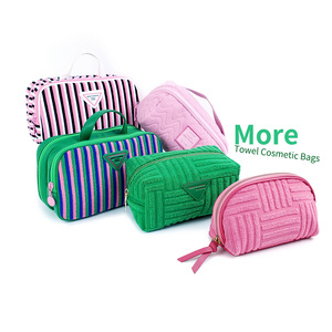 Women's Custom Striped Terry Cloth Towel Makeup Bag Travel Trolley Bag Soft Portable Travel Cosmetic Bags Cases with Custom logo - Product Image 1