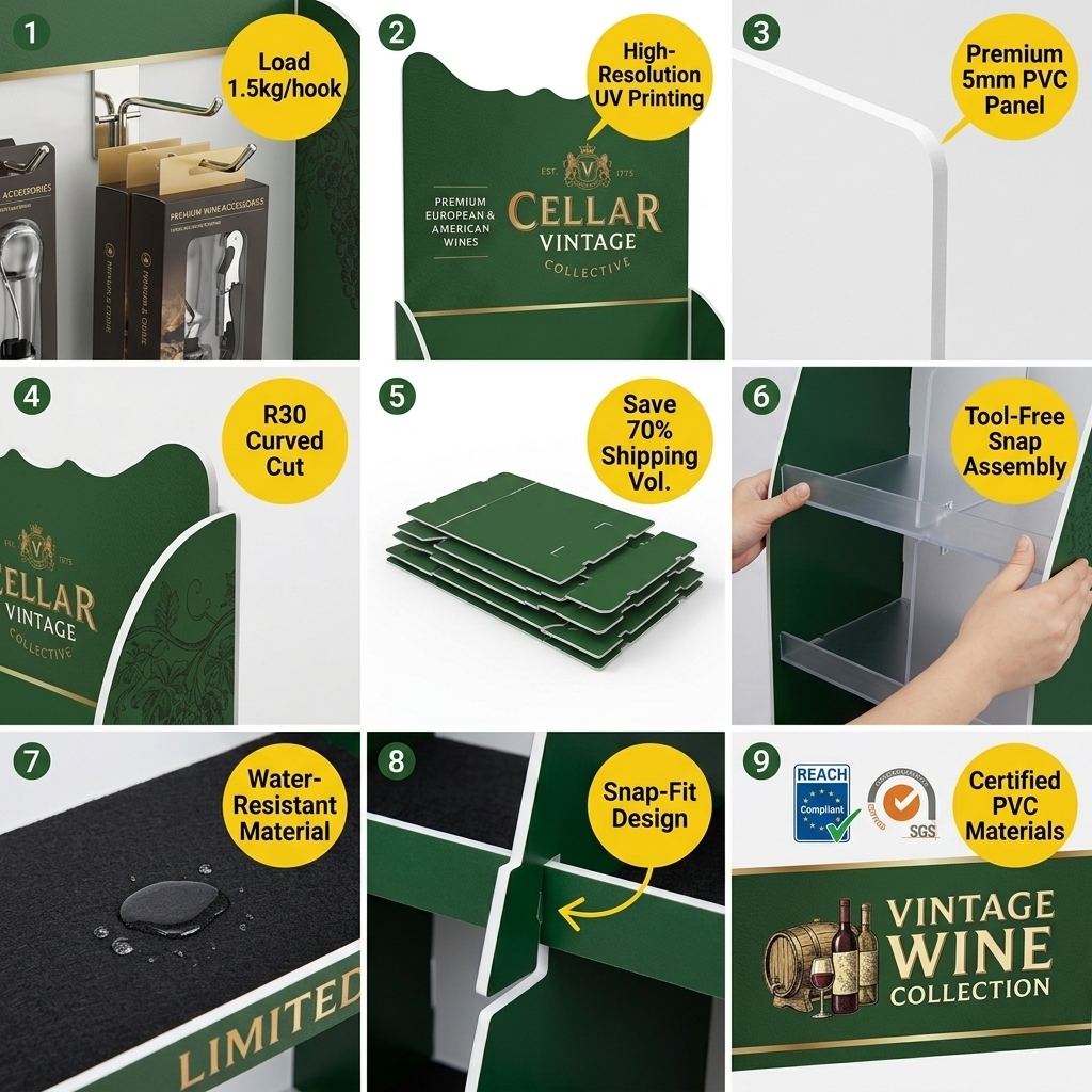 Custom 5-Tier PVC Wine Display Racks Floor Standing White Wine Bottle Display Stand OEM Wholesale for Supermarket Liquor Store — view 5