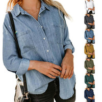 Chemises à col tailleur pour femmes tendance automne 2022, personnalisables, en gros, décontractées, grandes tailles, manches longues, chemisier pour femmes avec poche