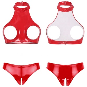 <span class=keywords><strong>Lingerie</strong></span> da donna Sexy aspetto bagnato in pelle verniciata con cavezza aperta seno senza schienale biancheria intima con slip a cavallo aperto per Club - Product Image 2