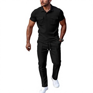 Men's Customized Black Solid Short Sleeve Polo Shirt Set Pockets Matching Pants Casual Knitted Cotton Breathable Summer Wear - Product Image 1