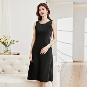 Korean Style Round Neck Sleeveless Dress Black Mid Length Slim Fit Pearl Trim Simple Design For Women - Product Image 1