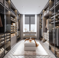Dressing moderne avec îlot central, étagères en verre, rangement central, construction en mélamine et bois massif, gain de place, pour la maison