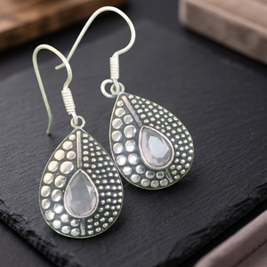 Boucles d'oreilles pendantes géométriques en argent sterling et quartz rose naturel pour femme, bijoux de fiançailles, style de luxe pour mariage et fête, cadeau en gros - Product Image 2
