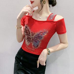 Camiseta de verano exquisita <span class=keywords><strong>con</strong></span> pedrería, de doble capa, de seda helada y malla, de manga corta, a <span class=keywords><strong>la</strong></span> moda, <span class=keywords><strong>con</strong></span> hombros descubiertos y <span class=keywords><strong>espalda</strong></span> hermosa - Product Image 2