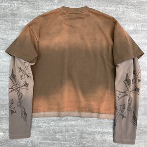 Wholesale Patchwork Embroidered O-neck <b>Shirt</b> Vintage Print Double Layer Long Sleeve T-<b>shirt</b> Oversized Acid Wash T <b>Shirt</b> For Men - Product Image 2