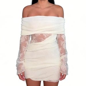 Robe mini élégante pour femme, couleur vert sauge, à une épaule, avec manches en dentelle et fronces, robe de soirée tendance - Product Image 3