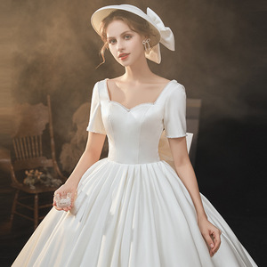 Satin Wedding Dress Ball Gown Sweetheart Neckline Natural Waistline Simple Elegant With Train For Petite Women - Product Image 1