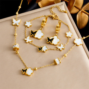 Fashion Jewelry <b>Set</b> Gold Plated Butterfly Flower Necklace <b>Bracelet</b> Earrings Women's Party Accessories Stainless Steel - Product Image 1