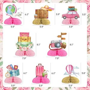 ชุดตกแต่งโต๊ะธีมการเดินทาง 8 ชิ้น รูปทรงรังผึ้ง สีชมพู สำหรับงานปาร์ตี้  "ให้การผจญภัยเริ่มต้น" ของตกแต่งโต๊ะวันเกิด - Product Image 4