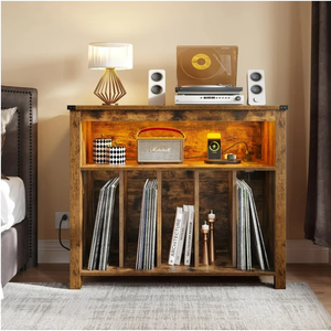 Support de <span class=keywords><strong>platine</strong></span> <span class=keywords><strong>vinyle</strong></span> pouvant contenir jusqu'à 200 albums Grand support de tourne-disque avec prises de courant et lumières LED Marron - Product Image 5
