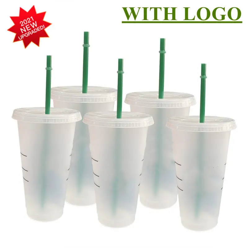 Tasse en plastique réutilisables, avec couvercle qui change de couleur, pour boisson, gobelet en paille, finition mate, pour café, 710ml