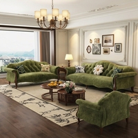 Französischer Vintage-Einzelsessel mit Bogenform für das Wohnzimmer, Europäisch-Amerikanischer Retro-Stil, Chenille-Samt, Grüner Stoff, Schwamm-Latex