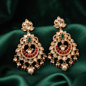 Boucles d'oreilles Chandbali Meenakari Kundan plaquées or avec émeraudes, rubis et perles, boucles d'oreilles pendantes traditionnelles indiennes pour mariée - Product Image 3