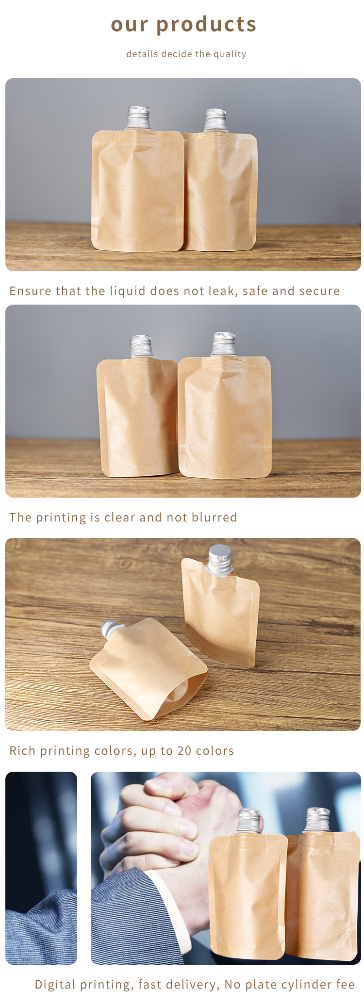 Waterproof Kraft Paper Stand Up Pouch With Spout Packaging Spout Pouch For Liquid Packaging