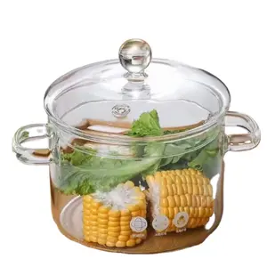 Customized High Level Heat Resistant Double Layered Glass Clear Glass Cooking Pot With Lid Handle For Daily Cooking Soup Noodles