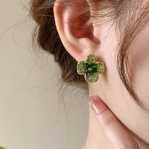 Luxurious Green Camellia Crystal <b>Stud</b> Earrings Versatile High-End Design with Zircon for Gift - Product Image 3