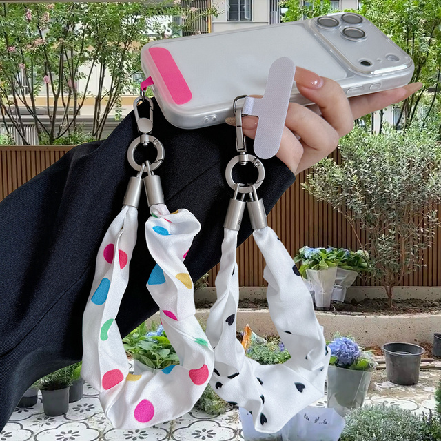 Women Cute Twisted Silk Phone Wrist Lanyard Polka Dot & Floral Pattern Portable Cell Phone Hand Strap