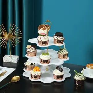Support à gâteaux de luxe en plastique blanc, 3 niveaux, à bord bleu ciel, pour Cupcakes roses, pour mariage et fête à domicile