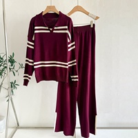 Sweater rajut wanita, kerah garis-garis kontras kasual longgar dan serbaguna gaya malas setelan rajutan
