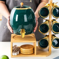 Ensemble de distributeur d'eau en céramique de style nordique Bord doré Blanc Vert Carafe en céramique avec 6 tasses et support en bambou