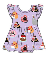 Romper rok lengan ruffle untuk bayi perempuan, motif buah dan bunga di seluruh bagian, cocok untuk musim panas